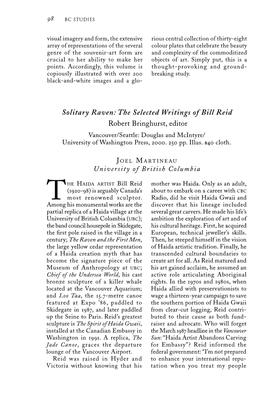 The Selected Writings of Bill Reid Robert Bringhurst, Editor Vancouver/Seattle: Douglas and Mclntyre/ University of Washington Press, 2000