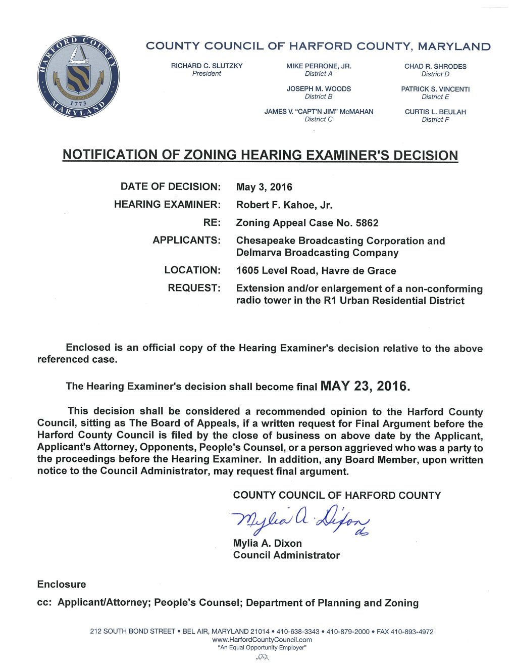 Notification of Zoning Hearing Examiner's Decision