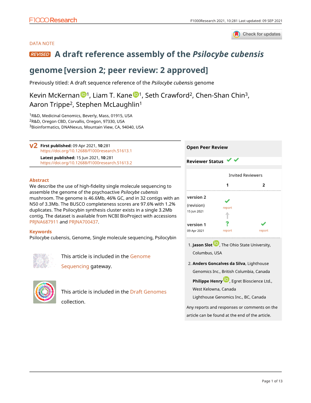 A Draft Reference Assembly of the Psilocybe Cubensis Genome [Version 2; Peer Review: 2 Approved]