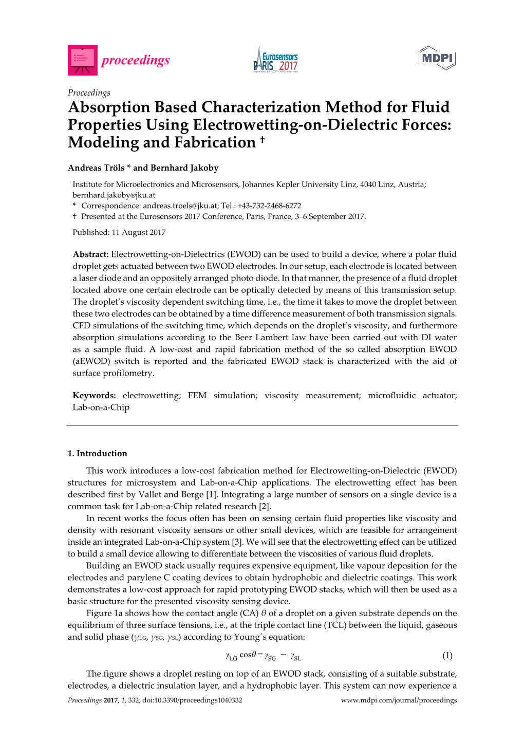 Absorption Based Characterization Method for Fluid Properties Using Electrowetting-On-Dielectric Forces: Modeling and Fabrication †