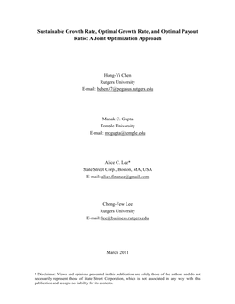 Sustainable Growth Rate, Optimal Growth Rate, and Optimal Payout Ratio: a Joint Optimization Approach
