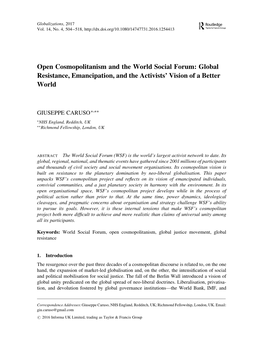 Open Cosmopolitanism and the World Social Forum: Global Resistance, Emancipation, and the Activists’ Vision of a Better World