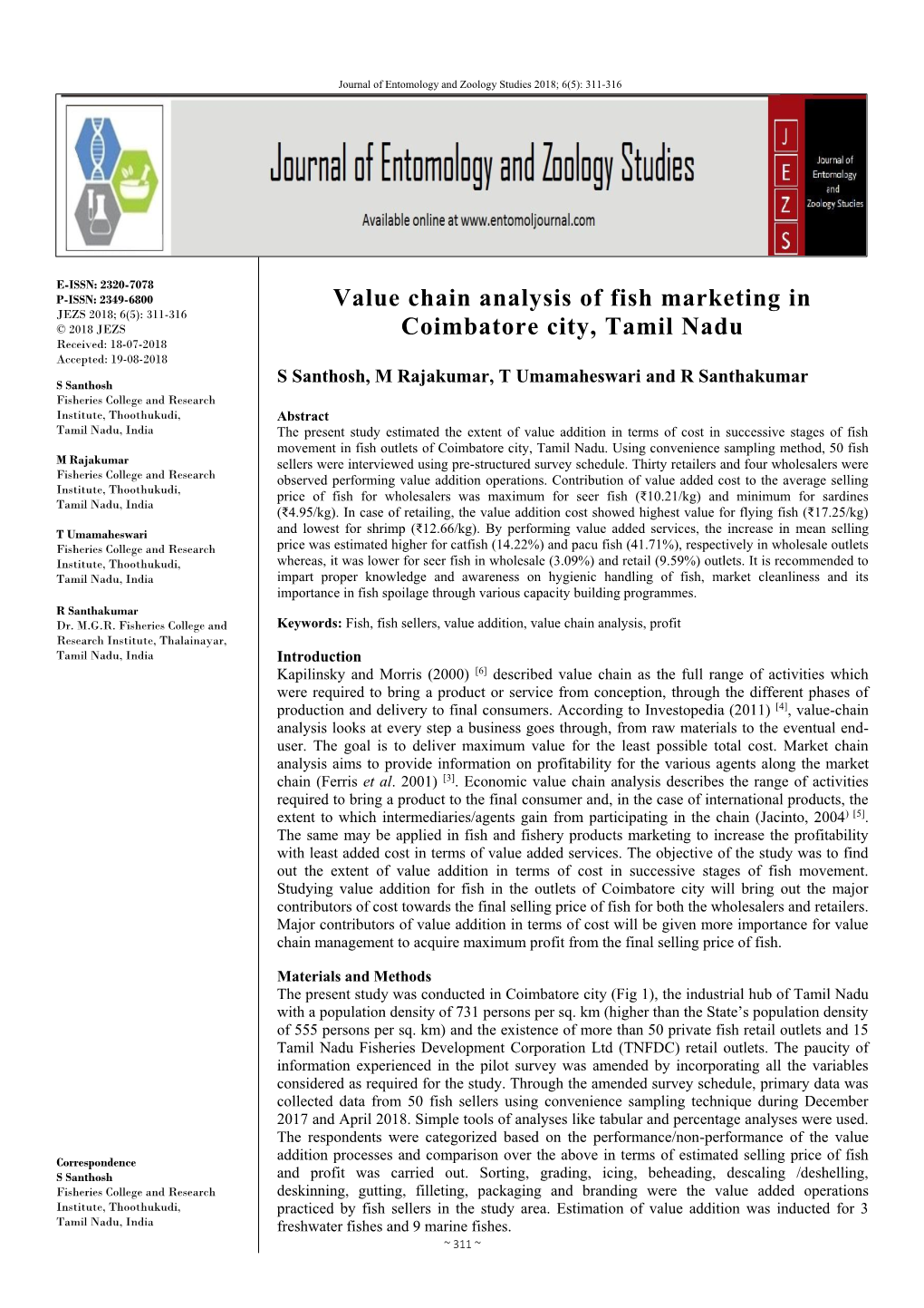 Value Chain Analysis of Fish Marketing in Coimbatore City, Tamil Nadu
