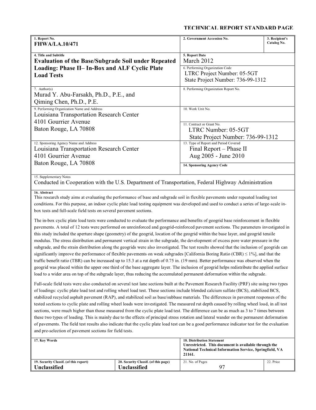 Evaluation of the Base/Subgrade Soil Under Repeated Loading: Phase II, In