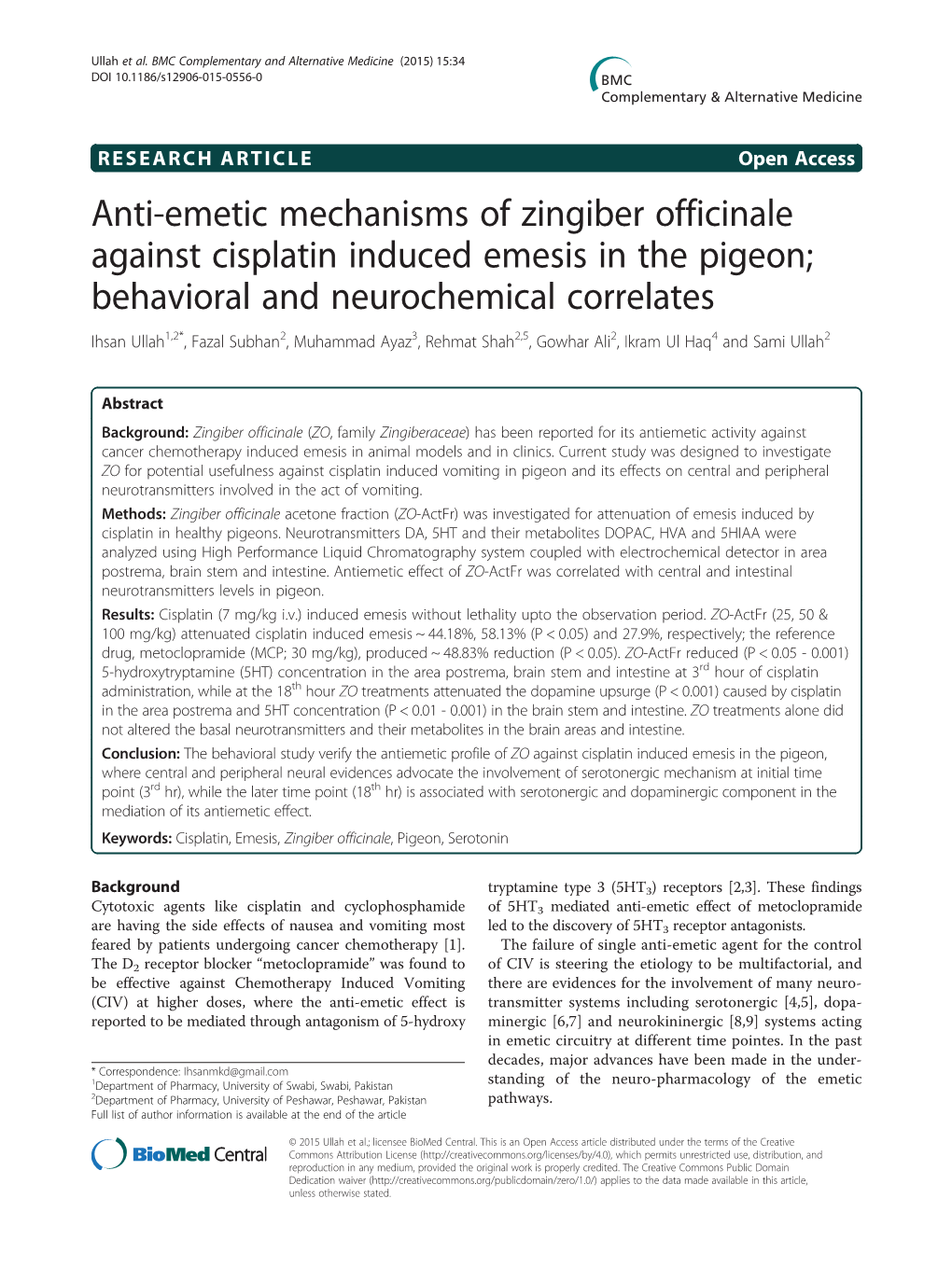 Anti-Emetic Mechanisms of Zingiber Officinale Against Cisplatin Induced