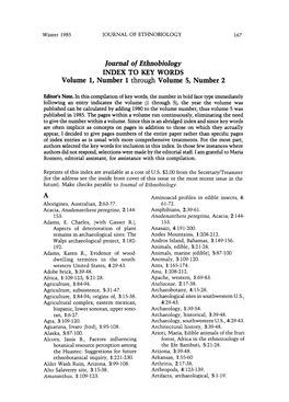 Ioumal of Ethnobiology INDEX to KEY WORDS Volume I, Number 1 Through Volume 5, Number 2
