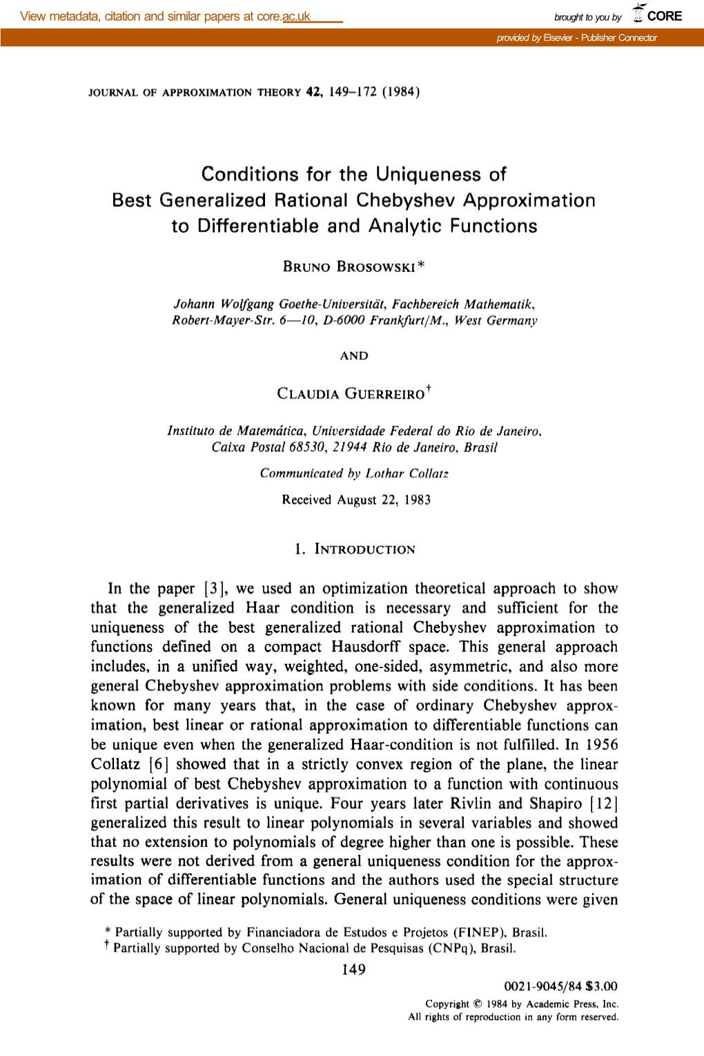 Conditions for the Uniqueness of Best Generalized Rational Chebyshev Approximation to Differentiable and Analytic Functions