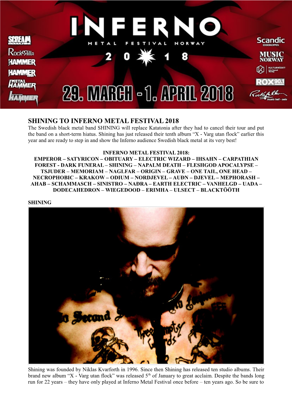 Shining to Inferno Metal Festival 2018