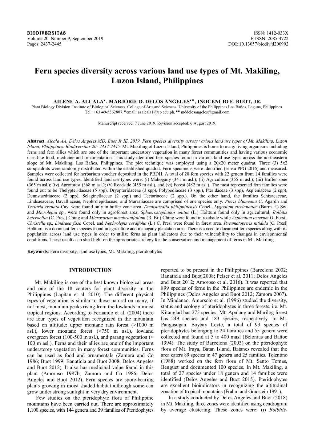 Fern Species Diversity Across Various Land Use Types of Mt. Makiling, Luzon Island, Philippines