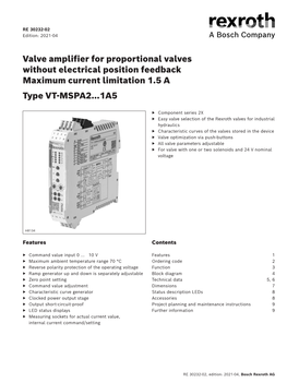 Valve Amplifier for Proportional Valves Without Electrical Position Feedback Maximum Current Limitation 1.5 a Type VT-MSPA2…1A5