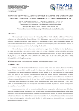 A Study of Heavy Metals Contamination in Surface and Ground Water of Rural and Urban Areas of Kakinada, East Godavari District, A.P