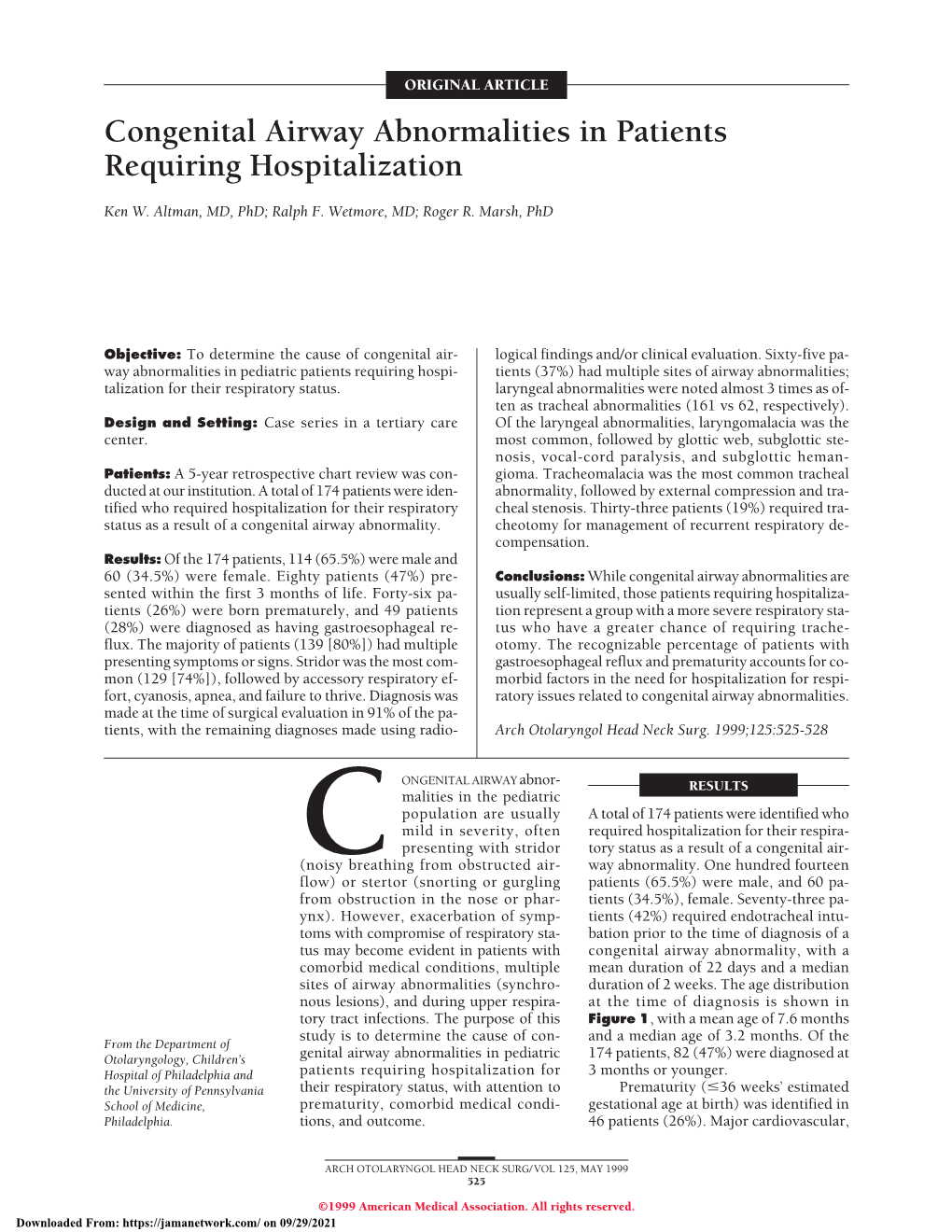 Congenital Airway Abnormalities in Patients Requiring Hospitalization