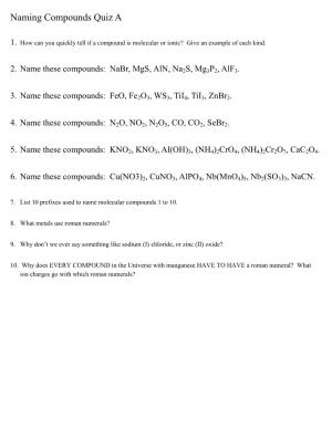 Naming Compounds Quiz A