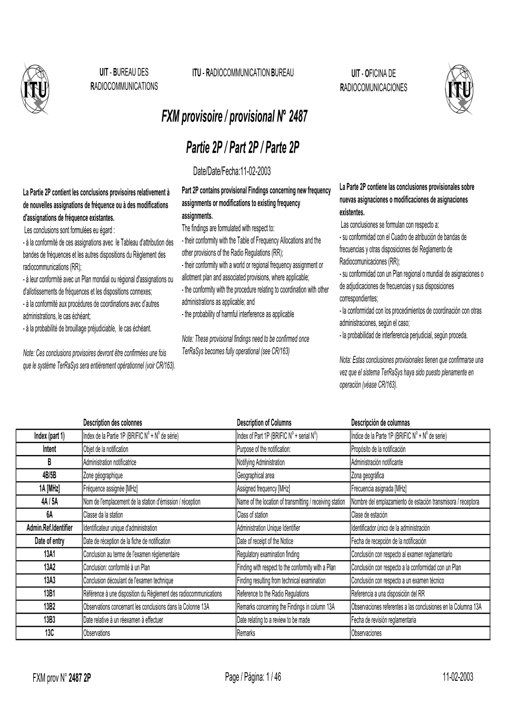 FXM Provisoire / Provisional N° 2487 Partie 2P / Part 2P / Parte 2P