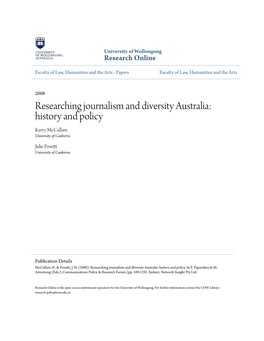 Researching Journalism and Diversity Australia: History and Policy Kerry Mccallam University of Canberra