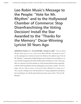 Leo Robin Music's Message to the People: "Vote for Mr. Rhythm" and to the Hollywood Chamber of Commerce: Stop Disenfranchisin…