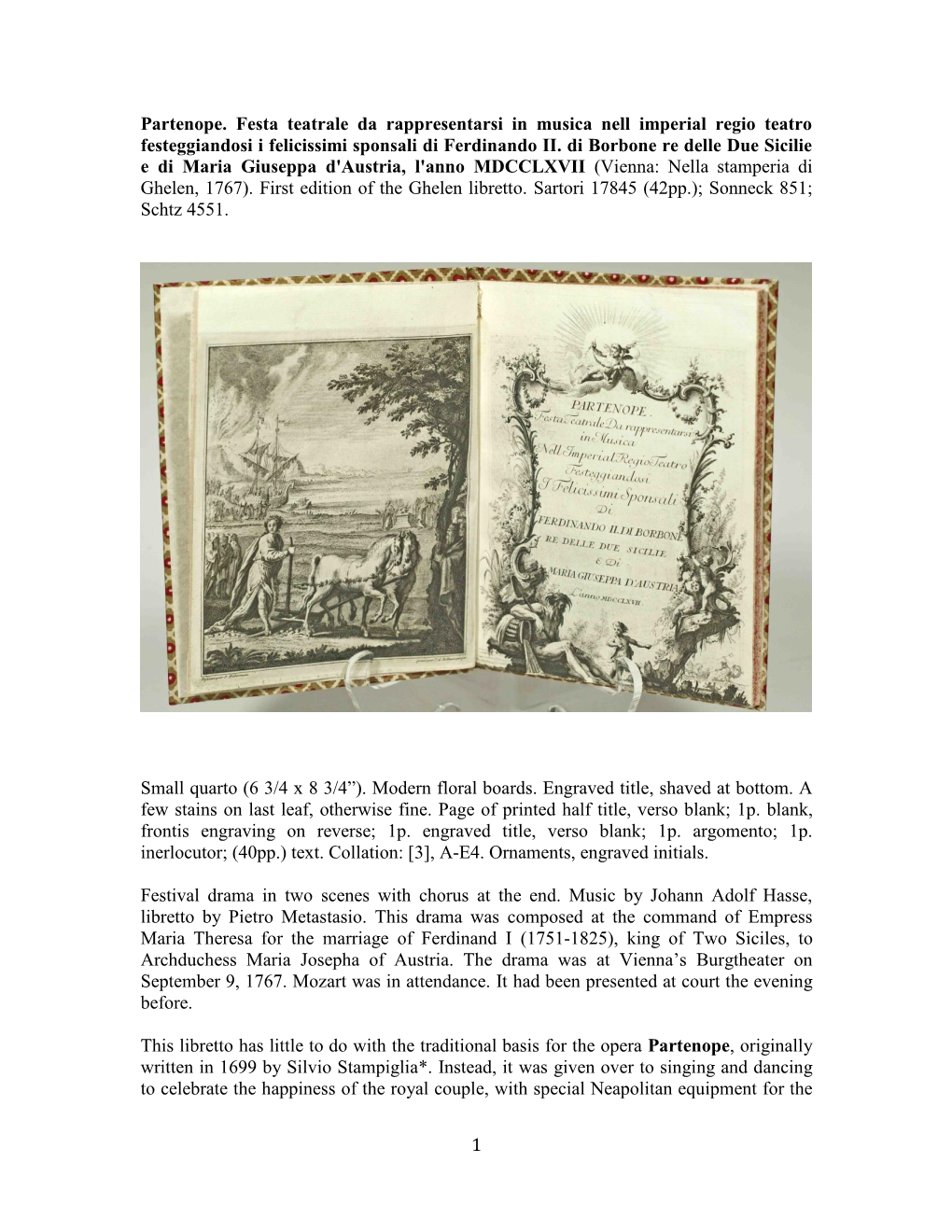 1 Partenope. Festa Teatrale Da Rappresentarsi in Musica Nell Imperial Regio Teatro Festeggiandosi I Felicissimi Sponsali Di Ferd