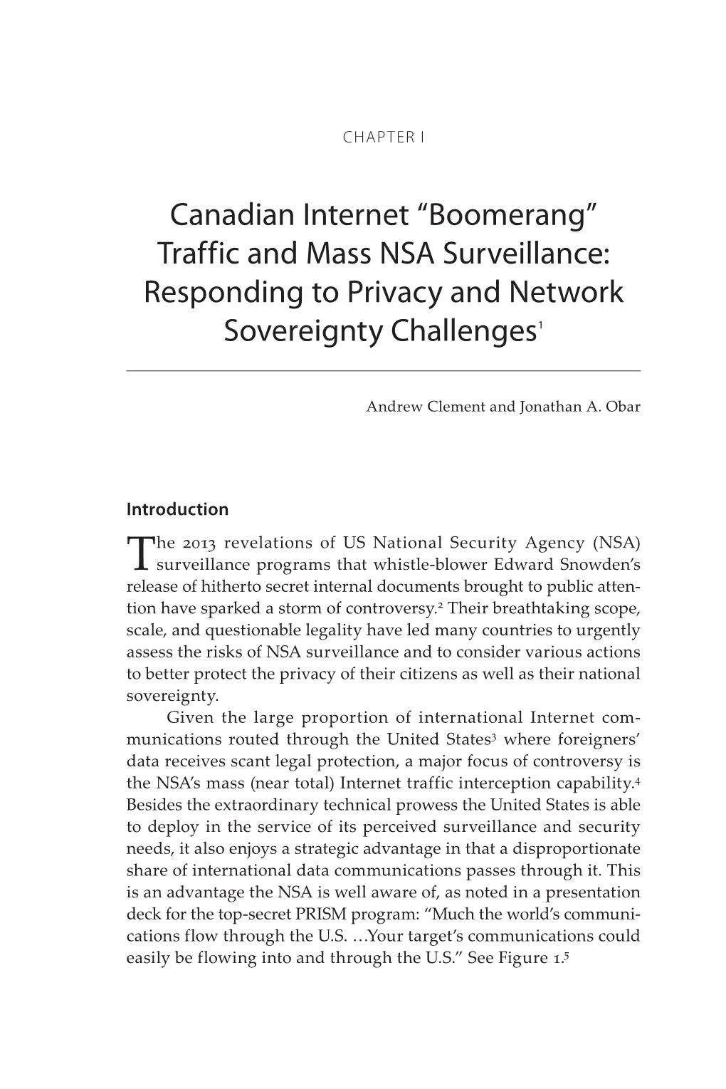Canadian Internet “Boomerang” Traffic and Mass NSA Surveillance: Responding to Privacy and Network Sovereignty Challenges1