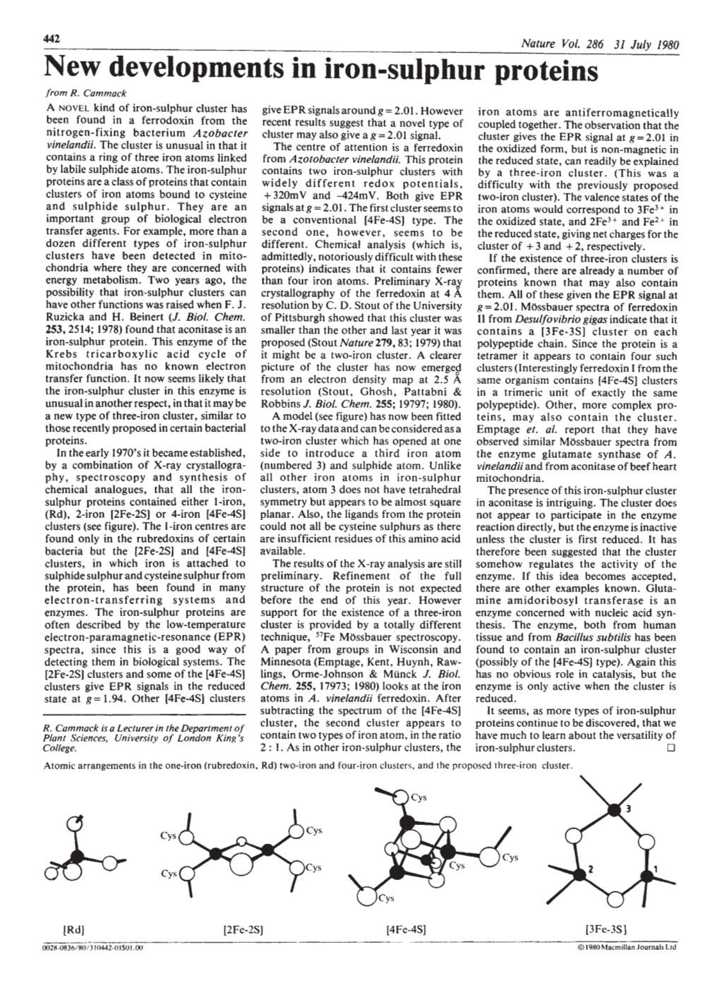 New Developments in Iron-Sulphur Proteins from R