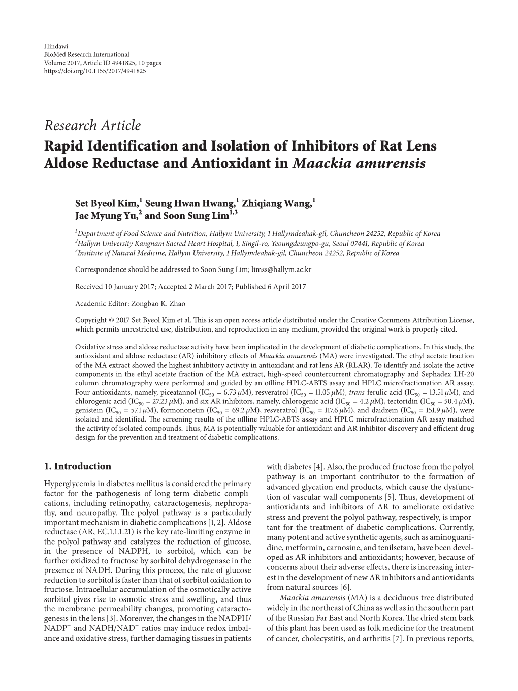 Rapid Identification and Isolation of Inhibitors of Rat Lens Aldose Reductase and Antioxidant in Maackia Amurensis