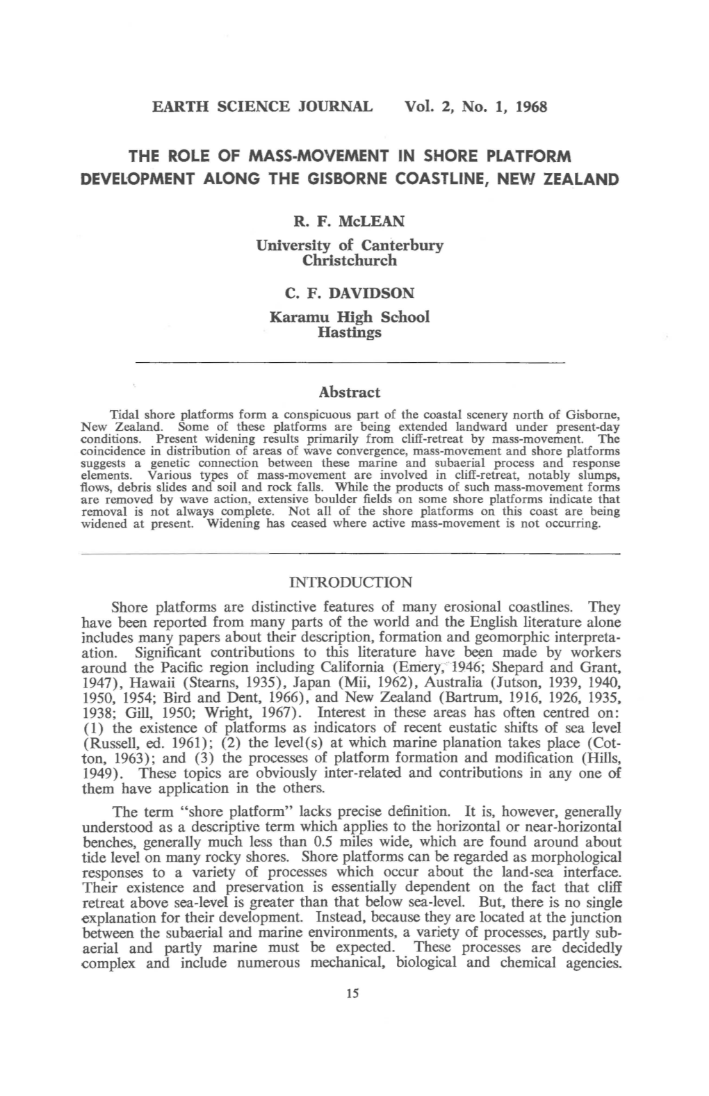 The Role of Mass-Movement in Shore Platform Development Along the Gisborne Coastline, New Zealand