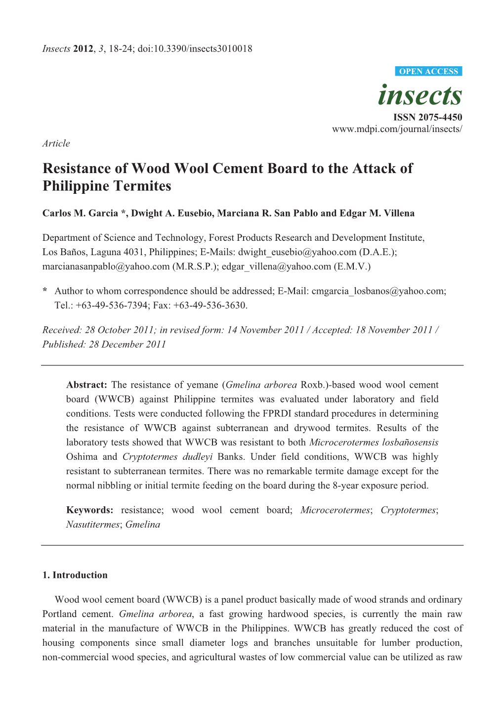 Resistance of Wood Wool Cement Board to the Attack of Philippine Termites