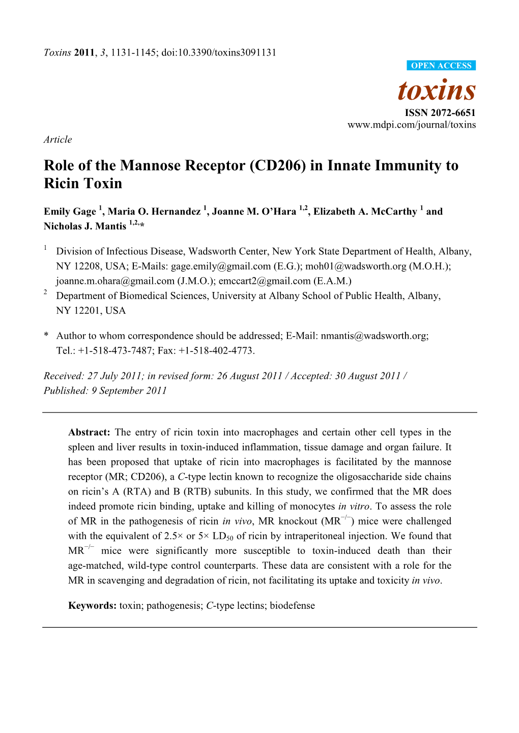 Role of the Mannose Receptor (CD206) in Innate Immunity to Ricin Toxin