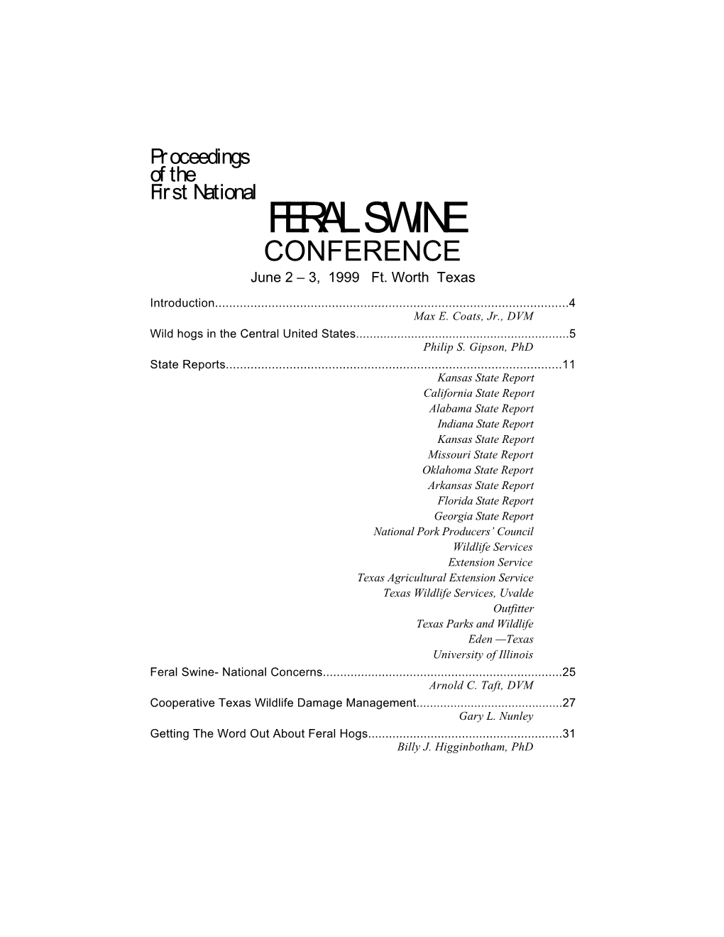 1999 First National Feral Swine Conference Agenda/Program