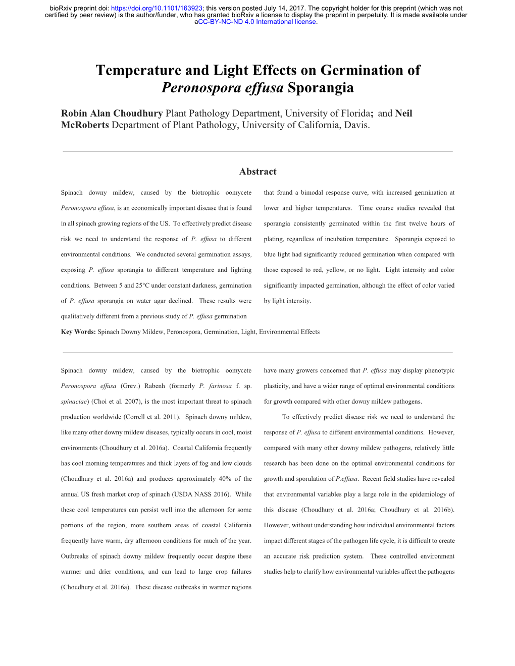 Temperature and Light Effects on Germination of Peronospora Effusa Sporangia