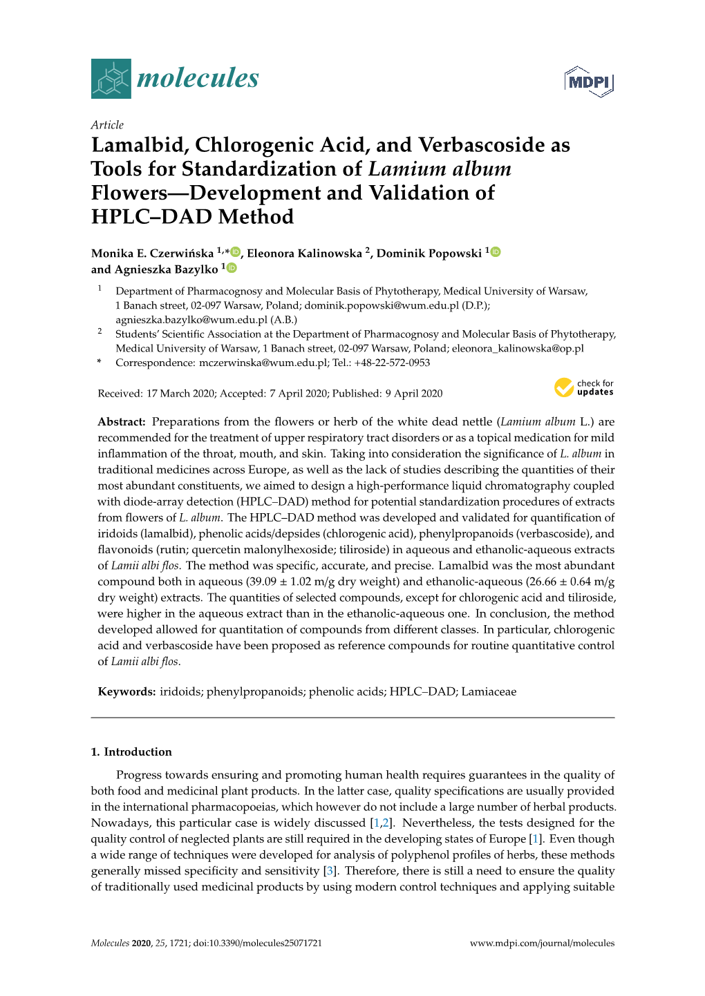 Lamalbid, Chlorogenic Acid, and Verbascoside As Tools for Standardization of Lamium Album Flowers—Development and Validation of HPLC–DAD Method