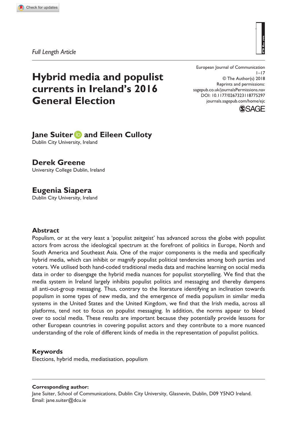 Hybrid Media and Populist Currents in Ireland's 2016 General Election