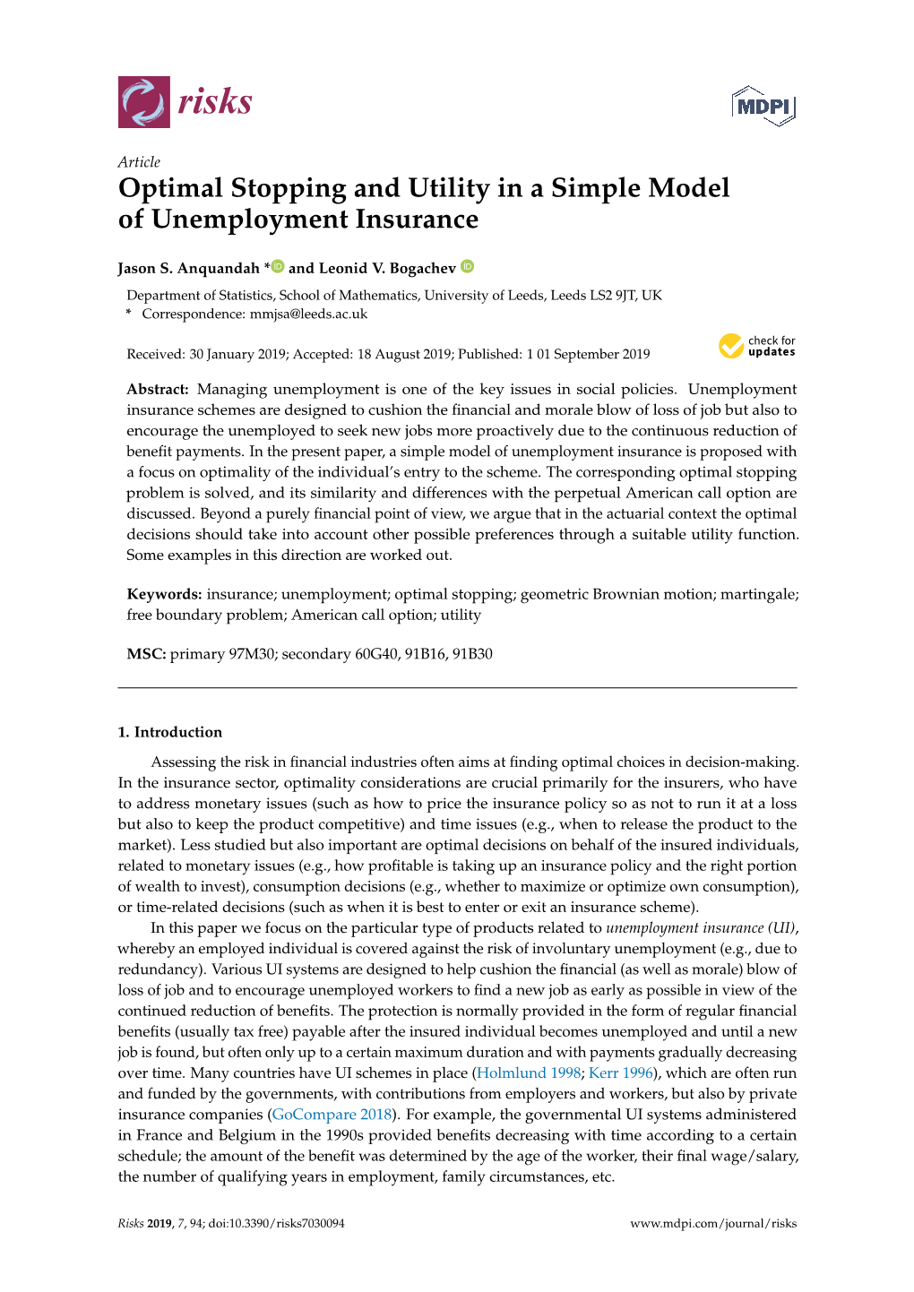 Optimal Stopping and Utility in a Simple Model of Unemployment Insurance