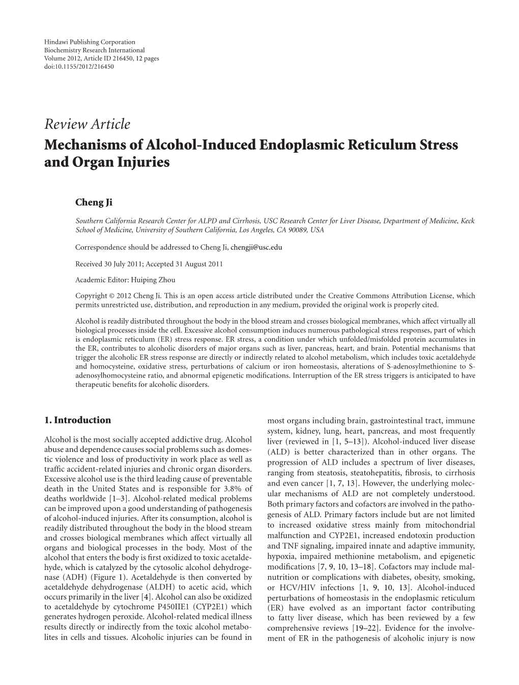 Mechanisms of Alcohol-Induced Endoplasmic Reticulum Stress and Organ Injuries