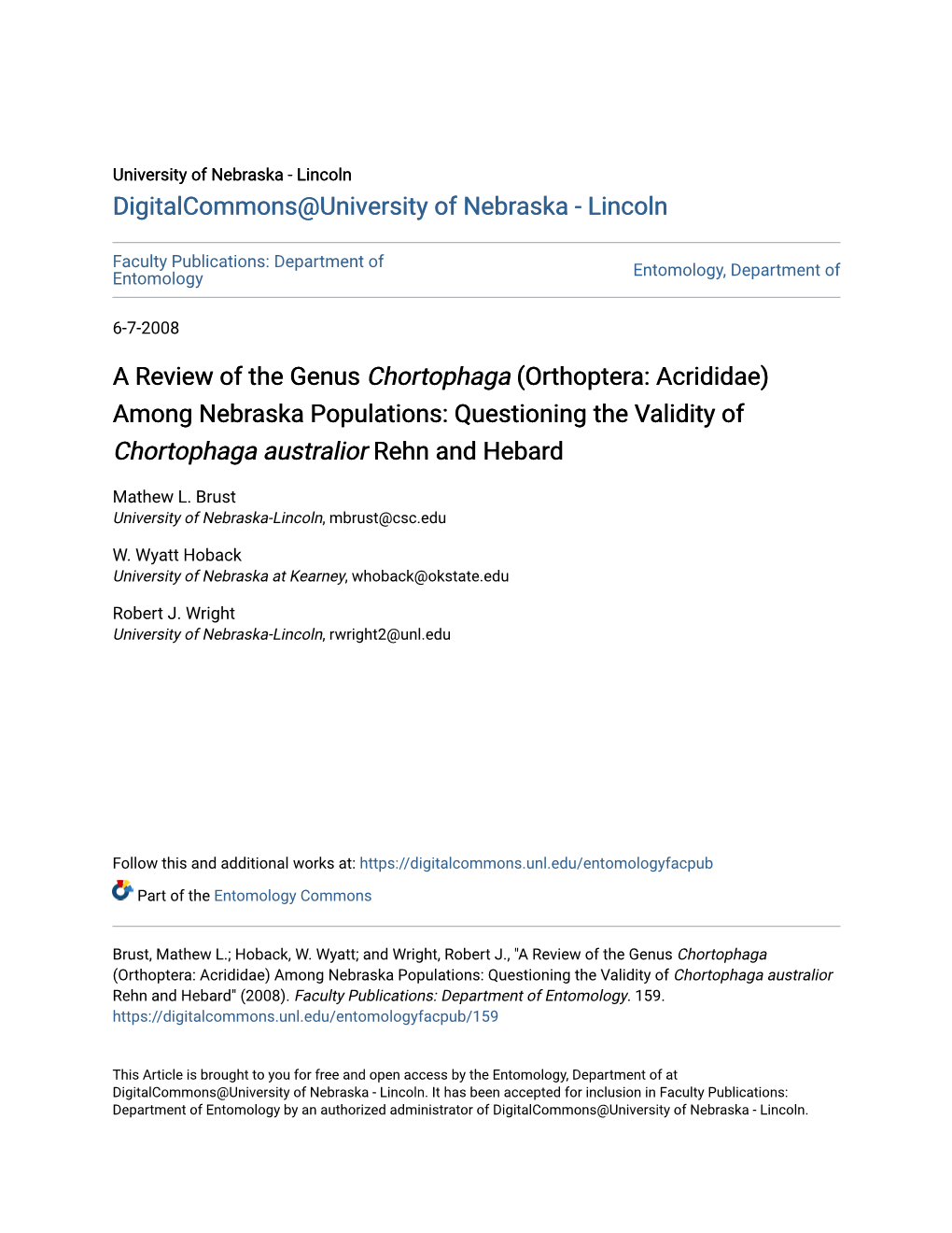 A Review of the Genus &lt;I&gt;Chortophaga &lt;/I&gt; (Orthoptera
