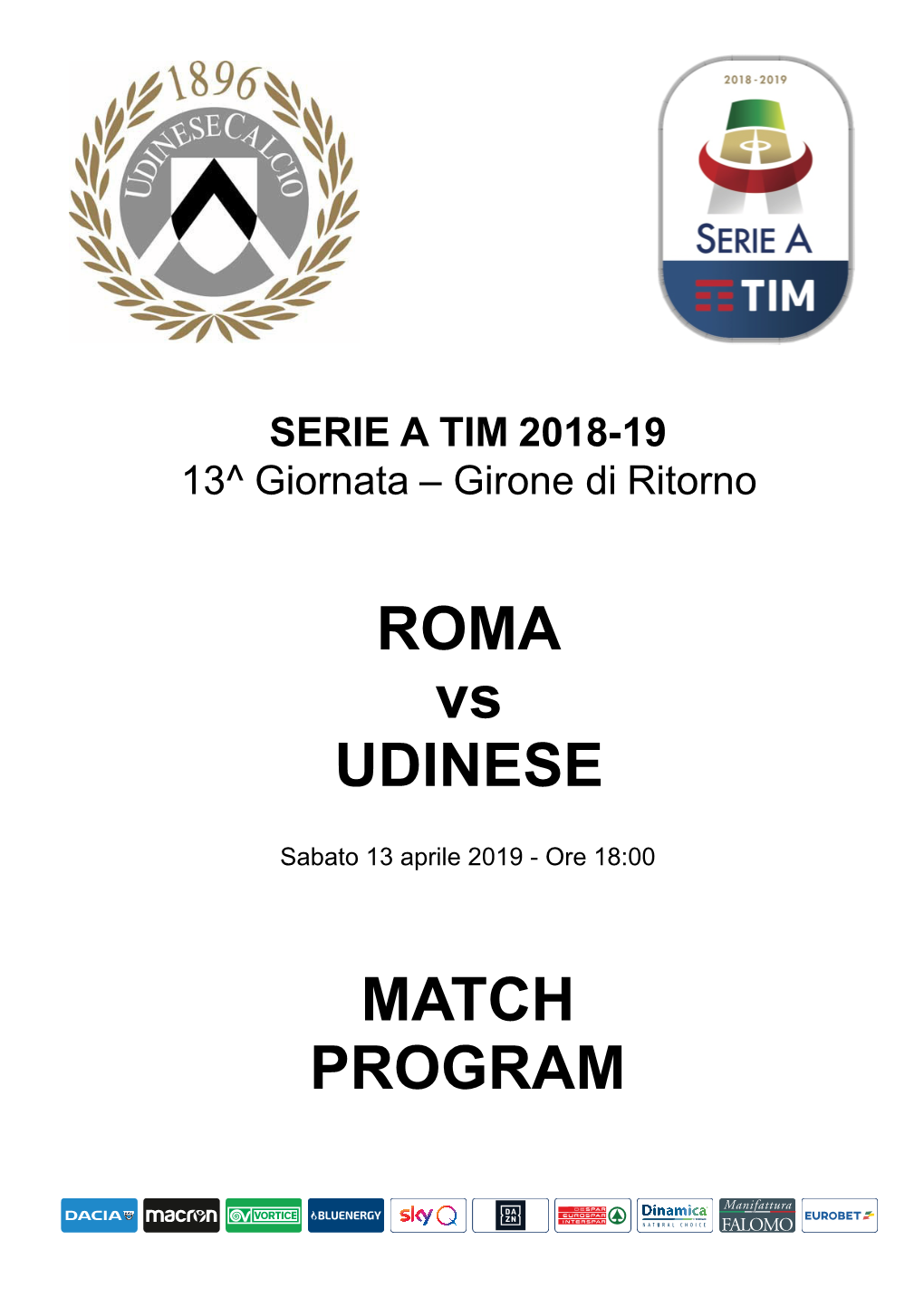 ROMA Vs UDINESE MATCH PROGRAM