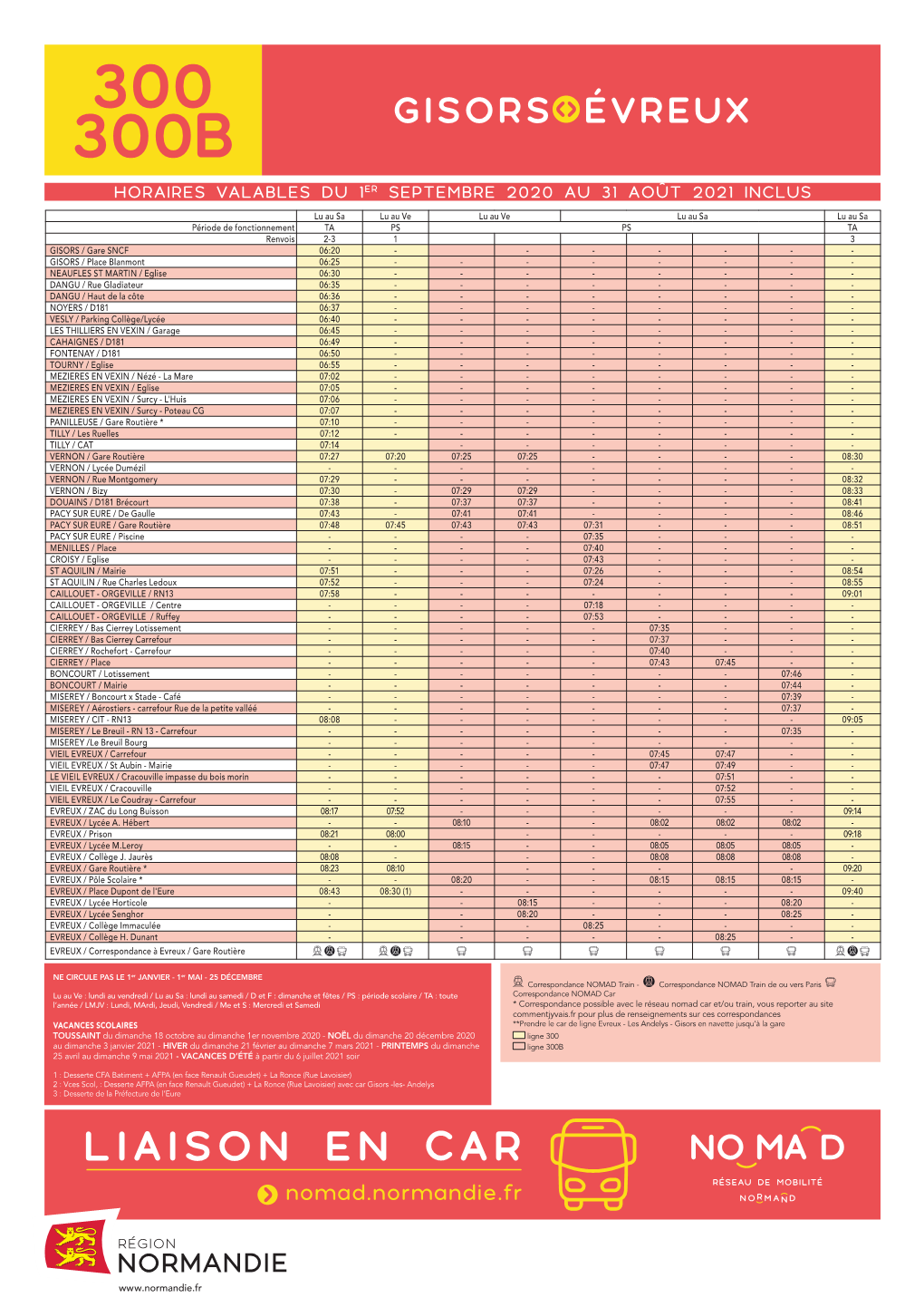 300 300B Évreux Gisors Horaires Valables Du 1Er Septembre 2020 Au 31 Août 2021 Inclus