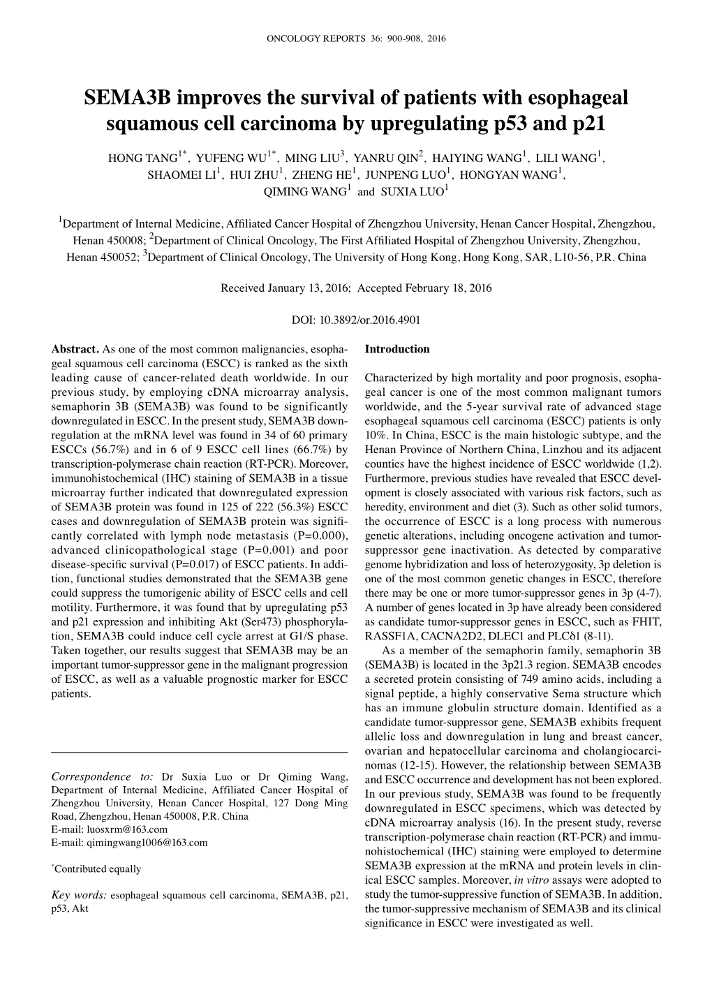 SEMA3B Improves the Survival of Patients with Esophageal Squamous Cell Carcinoma by Upregulating P53 and P21