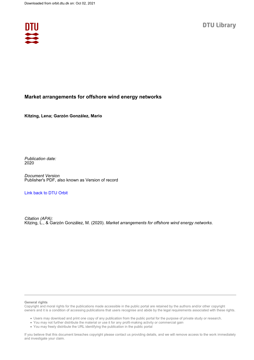 Market Arrangements for Offshore Wind Energy Networks