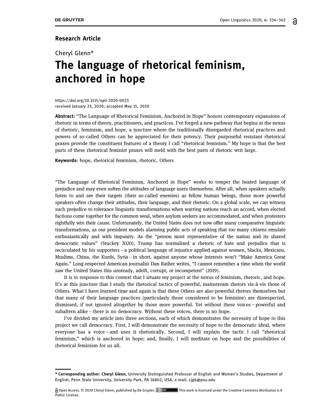 The Language of Rhetorical Feminism, Anchored in Hope