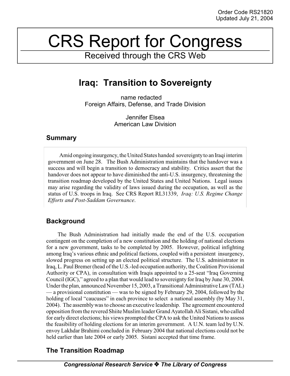 Iraq: Transition to Sovereignty