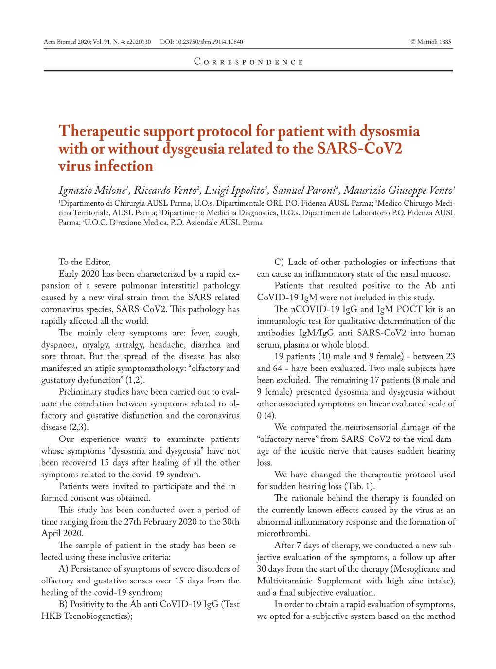 Therapeutic Support Protocol for Patient with Dysosmia with Or