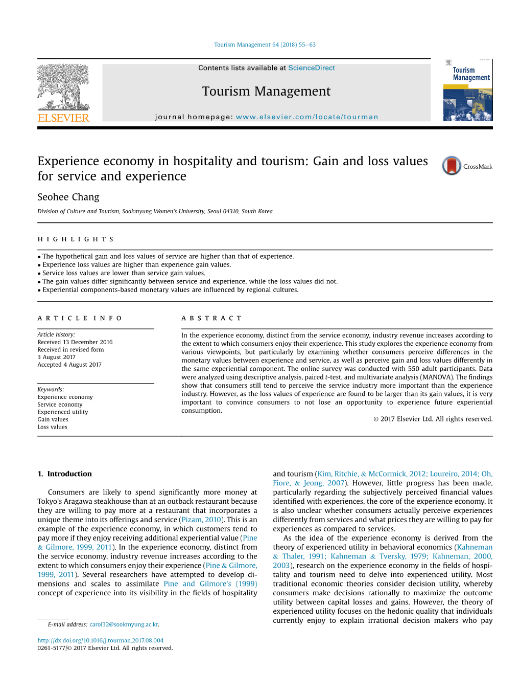 Experience Economy in Hospitality and Tourism: Gain and Loss Values for Service and Experience