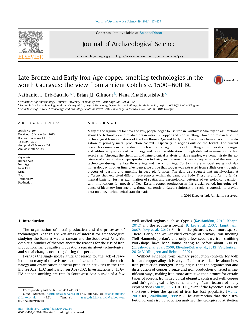 Late Bronze and Early Iron Age Copper Smelting Technologies in the South Caucasus: the View from Ancient Colchis C