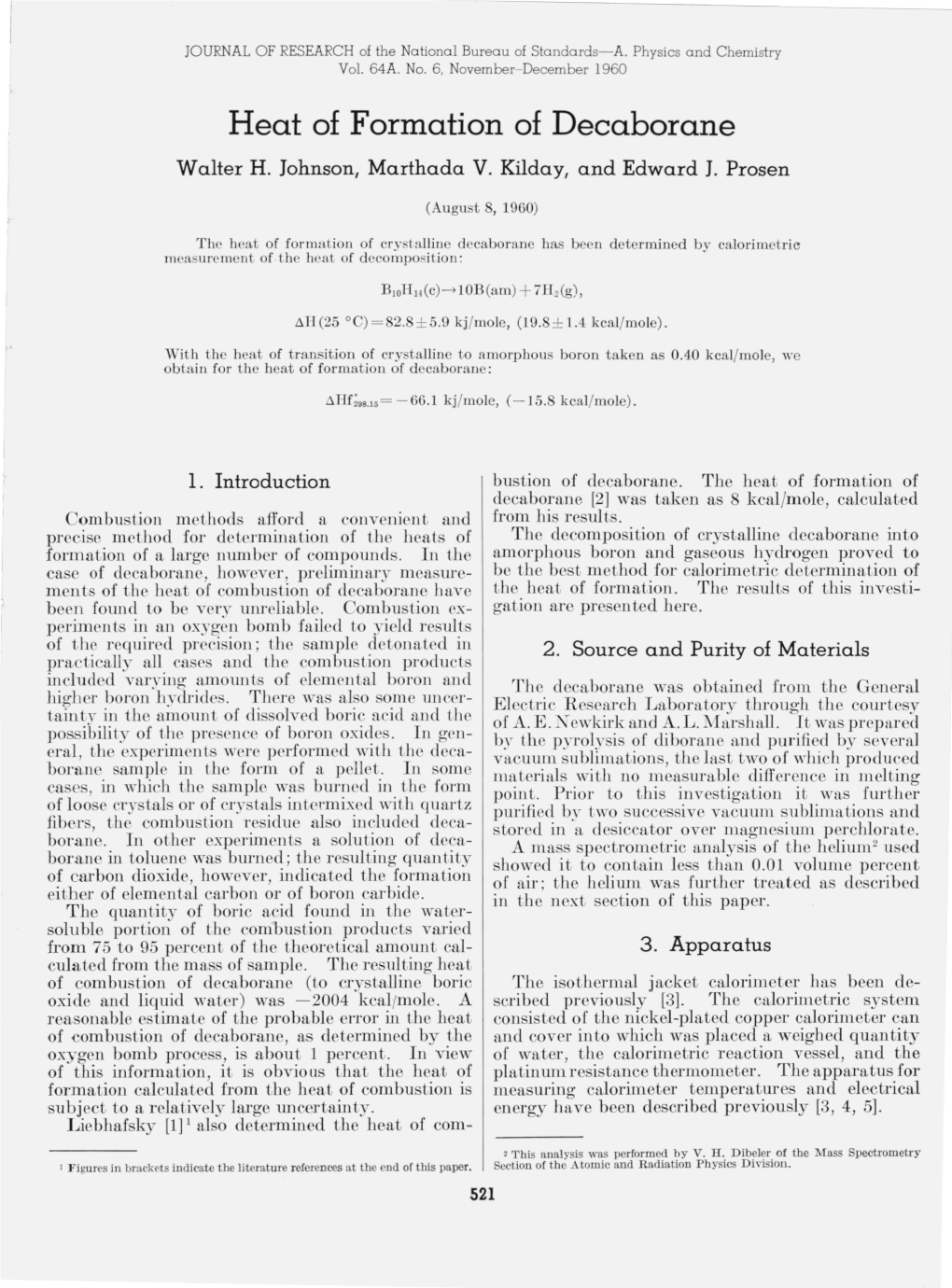 Heat of Formation of Decaborane Walter H