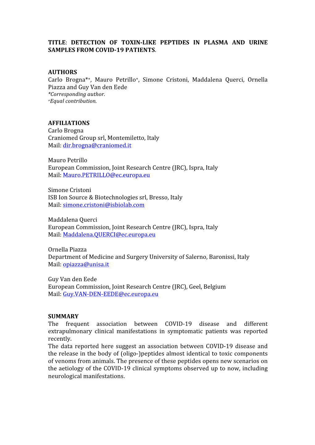 Title: Detection of Toxin-Like Peptides in Plasma and Urine Samples from Covid-19 Patients