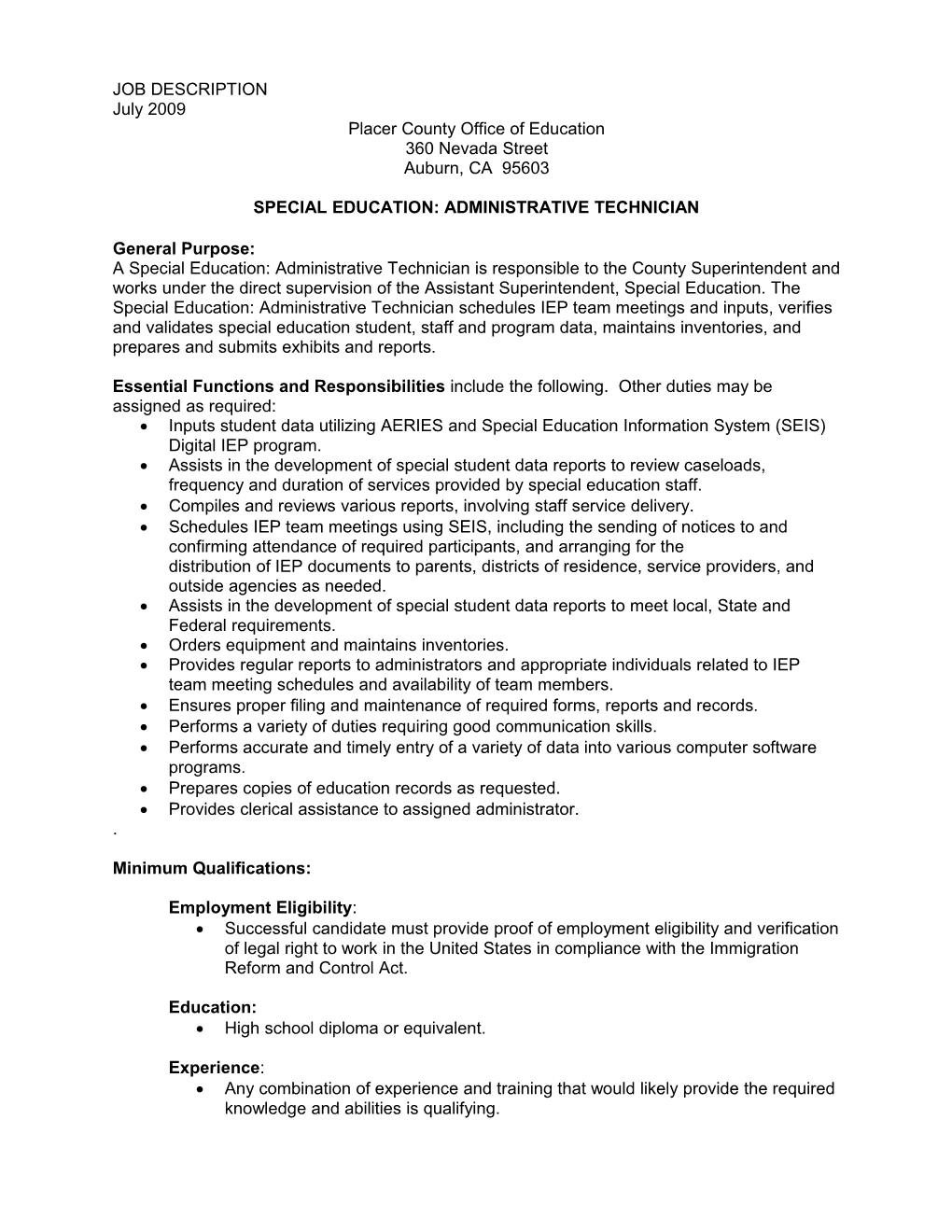 Special Education Administrative Technician