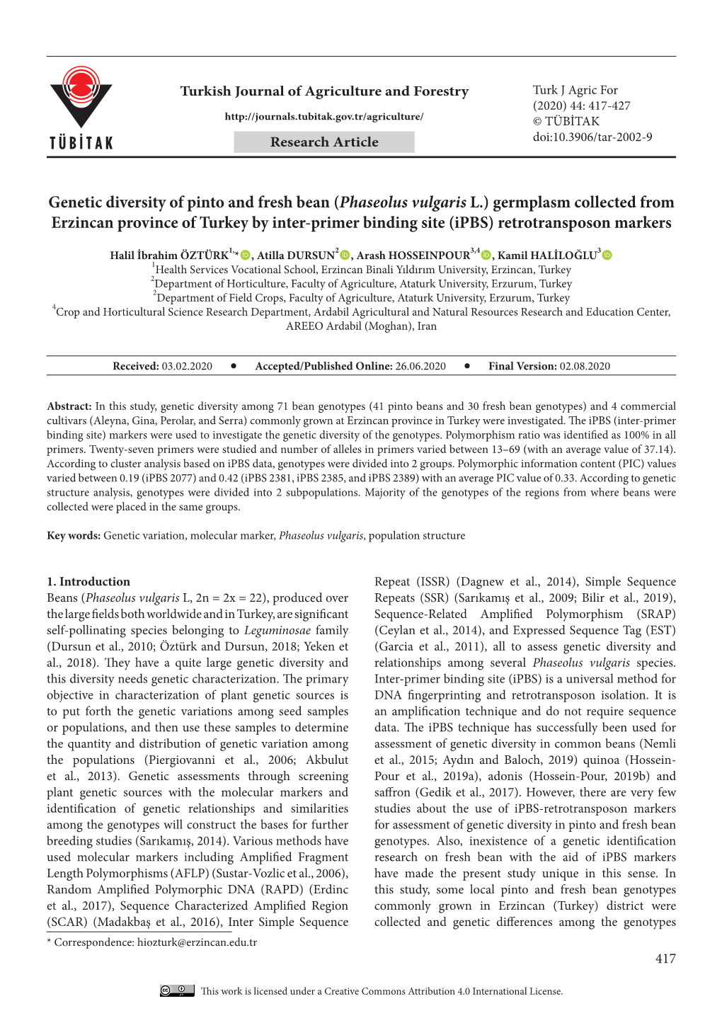 Genetic Diversity of Pinto and Fresh Bean (Phaseolus Vulgaris