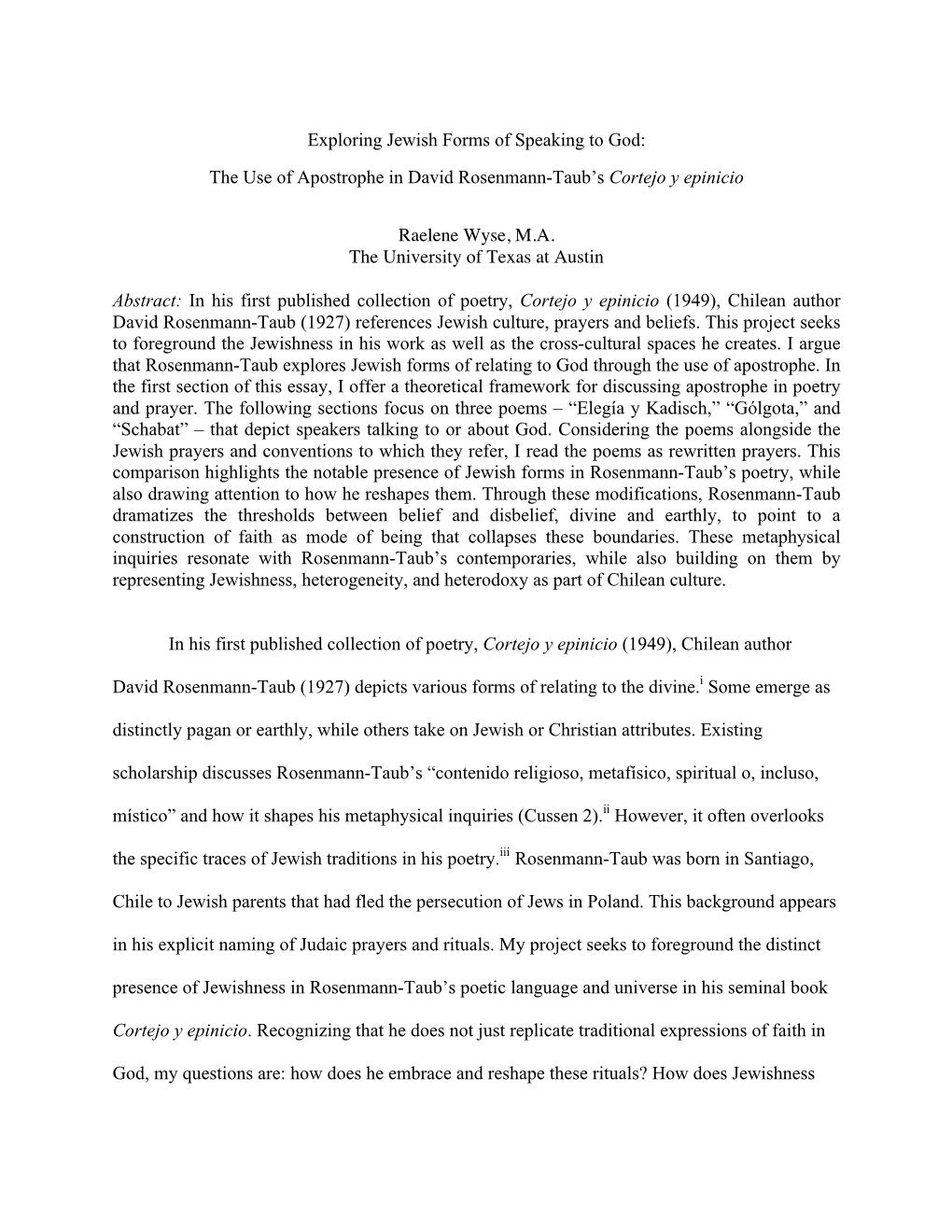 Exploring Jewish Forms of Speaking to God: the Use of Apostrophe in David Rosenmann-Taub’S Cortejo Y Epinicio