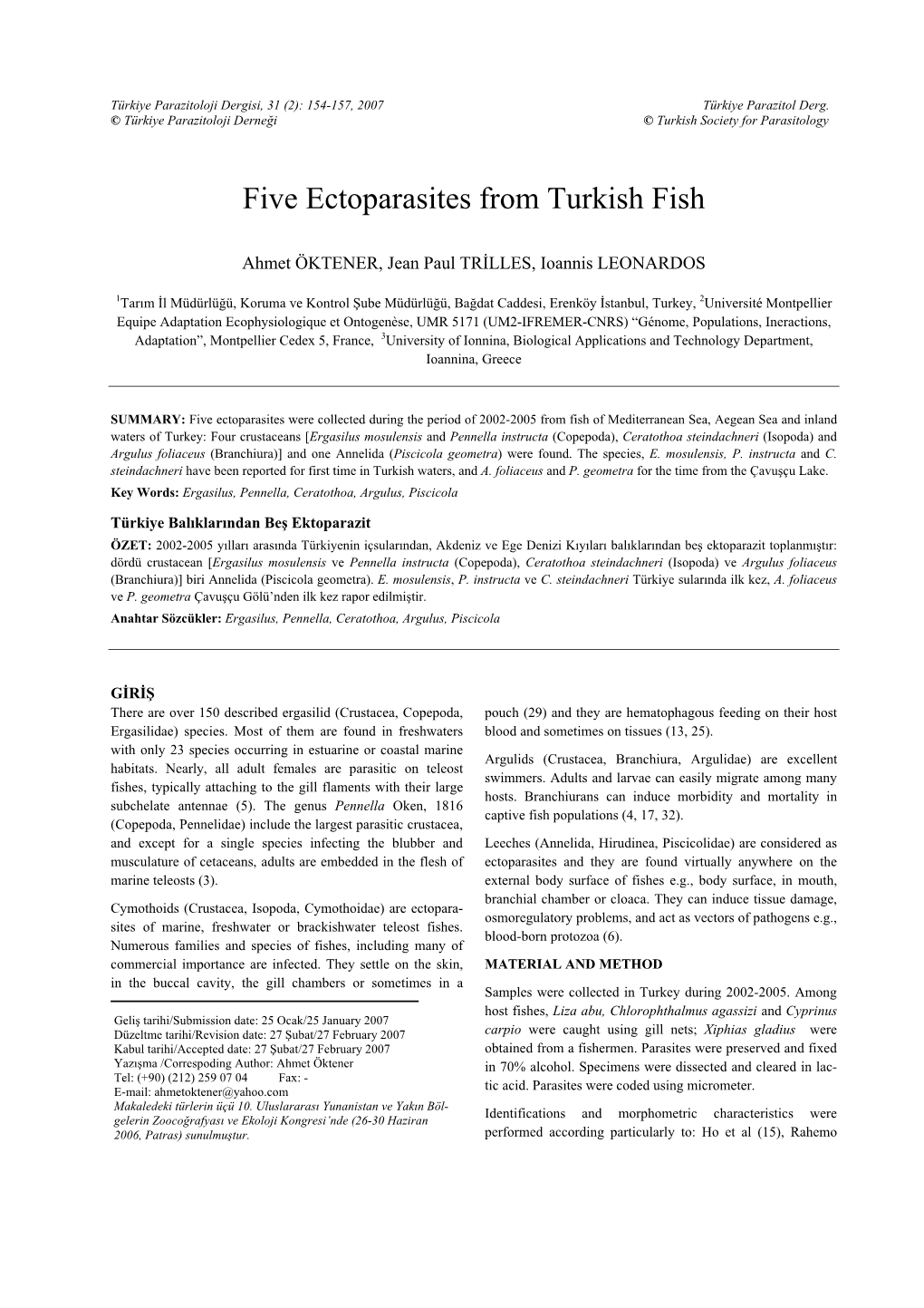 Five Ectoparasites from Turkish Fish