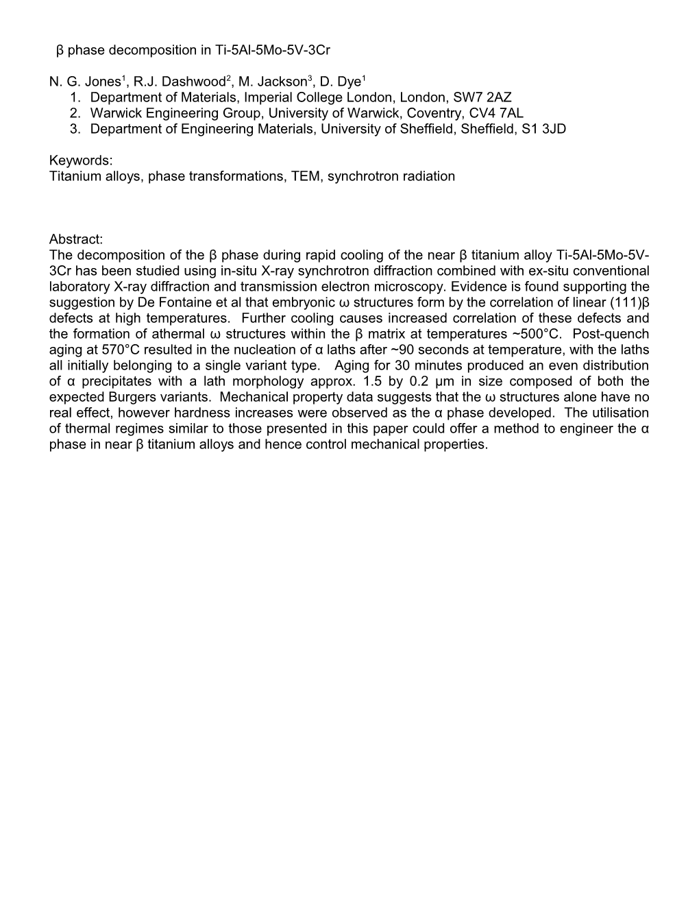 ESRF Experiment Rationale: Nucleation of Α in Ti-5-5-5-3